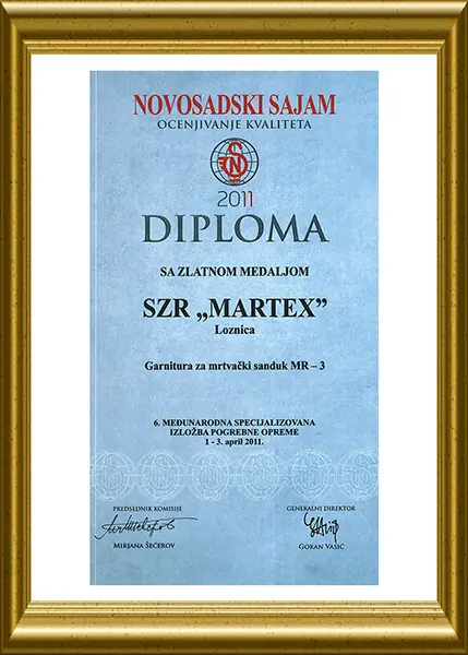 Diploma Novosadskog sajma sa zlatnom medaljom za garnituru MR-3, 2011.